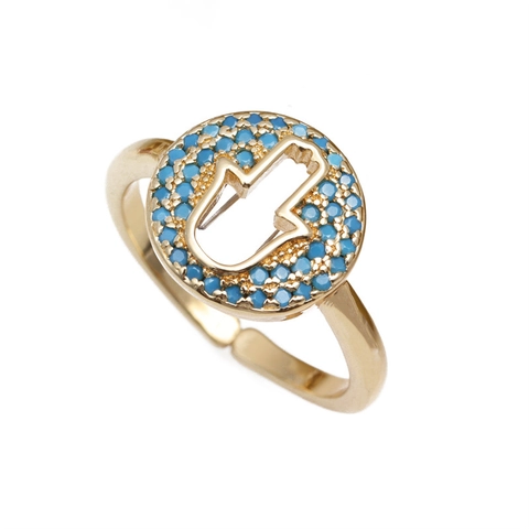 Hamsa Hand Copper Adjustable Ring Micro Pave Zircon Fatima Hand Hollow Ethnic Bohemian Jewelry For Women