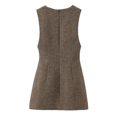 Damen Tweed Minikleid Ärmellos Vintage Tiefem V Ausschnitt A Linie Tailliert Rückenreißverschluss Elegant Modisch