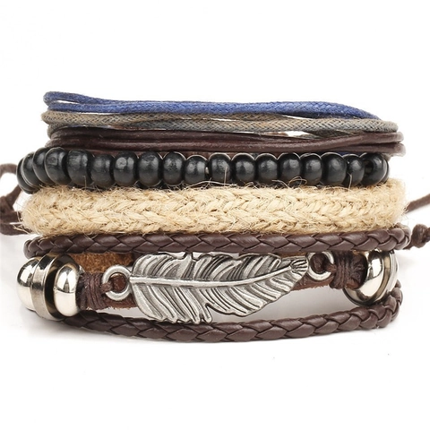 Vintage Multi-Layer Leather Bracelet With Alloy Feather Pendant Wood Beads Boho Woven Wax Rope For Men Women
