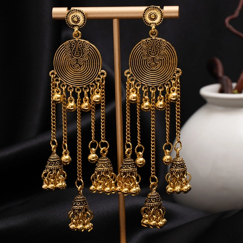 Retro Ethnic Bohemian Tassel Earrings Alloy Carved Flower Hollow Moon Jhumka Bell Drop Earrings With Steel Earring Post