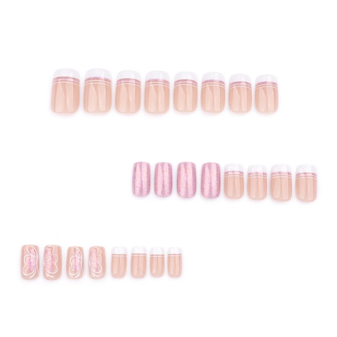 French White Tip Press On Nails Square Medium Short Butterfly Pattern Glitter False Nails Elegant Artificial Fingernails
