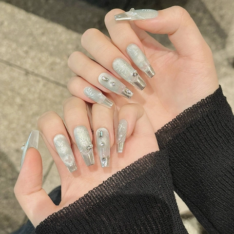 Handmade Cat Eye Press On Nails Long Coffin Blue Silver Glitter Bamboo Leaf Hand Painted With Rhinestone Artificial Pearl For Women