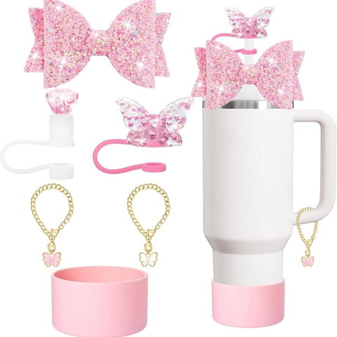 Silicone Straw Covers And Cup Boot With Glitter Butterfly Bow Pendants For Tumblers Decorative Accessories