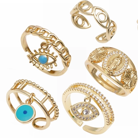 Evil Eye Virgin Mary Religious Open Adjustable Ring Copper Gold Plated Zircon Retro Fashion Accessory For Men Women