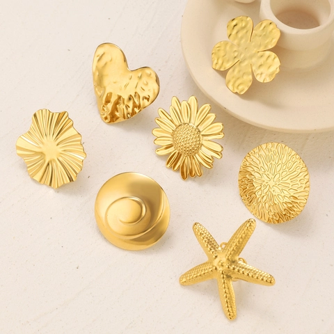 Exaggerated Stainless Steel Embossed Ring For Women Fashion Gold Hammered Floral Starfish Heart Open Adjustable Statement Finger Ring