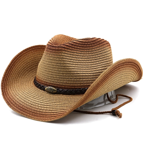 Chapeau De Cow-boy En Paille Western Vintage Dégradé Tressé Avec Boucle De Taureau Et Corde Coupe-vent Réglable