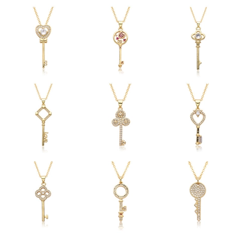 18K Vergoldet Herz Schlüssel Anhänger Halskette Kupfer Strass Eingelegt Schlüsselbeinkette Mode Schmuck Für Damen Geschenk