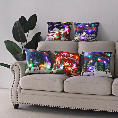 Christmas Cushion Cover LED Glowing Light Up Soft Plush Pillowcase Holiday Party Home Decor Festive Cartoon Print