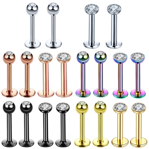 Stainless Steel Cubic Zirconia Lip Rings Labret Studs Flat Back Body Piercing Jewelry For Women Men Multi Color Polished