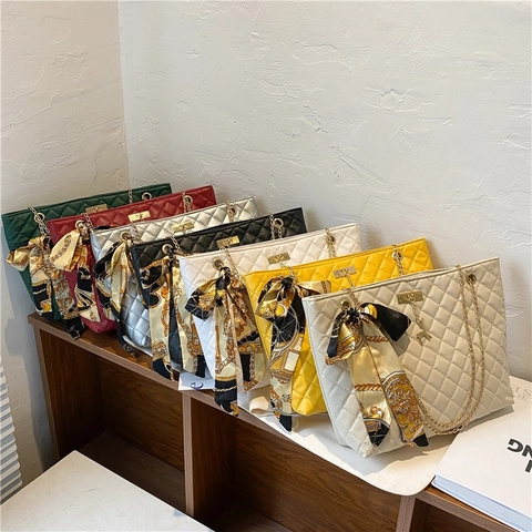 Women Quilted Rhombic Shoulder Bag PU Leather Underarm Bag With Chain Strap Silk Scarf And Deer Pendant Fashion Square Tote
