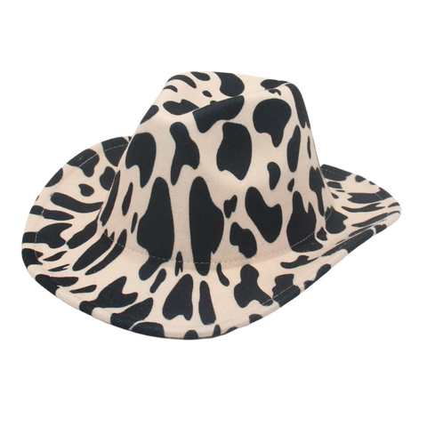 Cow Print Western Cowboy Hat Cotton Felt Vintage Wide Brim Jazz Fedora For Cosplay Stage Party Sunshade