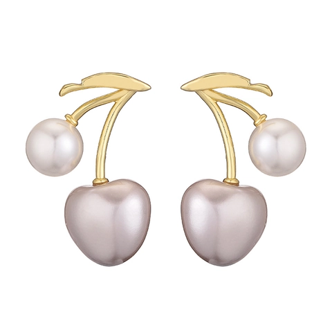 Elegant Copper Cherry Stud Earrings For Women Fruit Shape Artificial Pearl Heart Gold Silver Plated Fashion Jewelry Gift