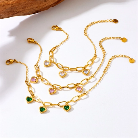 Pulsera de Cadena de Acero Inoxidable Chapada en Oro Vintage Con Colgante de Corazón de Strass para Mujer Joyería de Moda