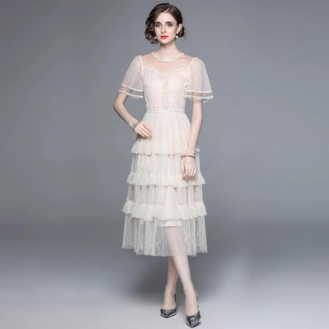 Women Elegant Lace Tiered Midi Dress Mesh Ruffle Sleeves Beaded Slim Waist Party French Style Pink Apricot