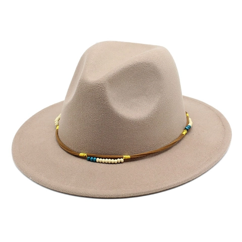 Fedora Hoed Met Brede Rand Wolachtige Katoen Polyester Mix Etnische Kralenband Retro Jazz Stijl Cap Voor Heren Dames Solid