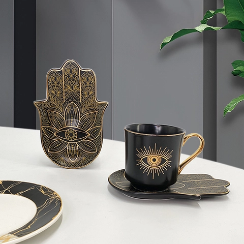Turkish Coffee Cup And Saucer Ceramic Hamsa Hand Plate Evil Eye Pattern Gold Rim Bohemian Nordic Afternoon Tea Gift