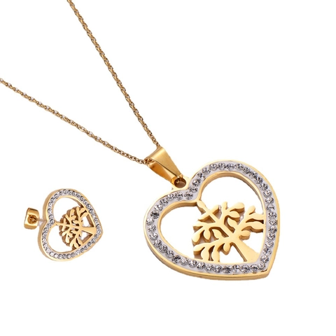 Collana Cuore Albero Della Vita E Orecchini A Lobo Acciaio Inossidabile Placcato Oro 18K Strass Gioielli