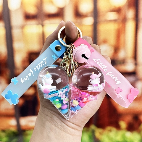 Unicorn Ice Cream Keychain Liquid Glitter Floating Acrylic Pendant With Bell And Silicone Strap Cute Bag Accessories