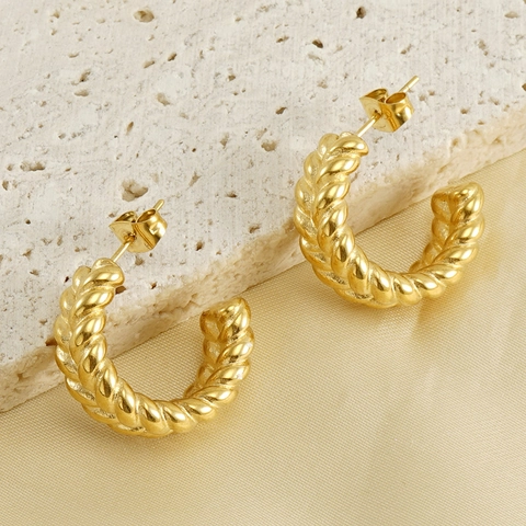 Pendientes De Aro Trenzados De Acero Inoxidable Chapado En Oro De 18K Forma De C Gruesa Joyería Retro Mujer