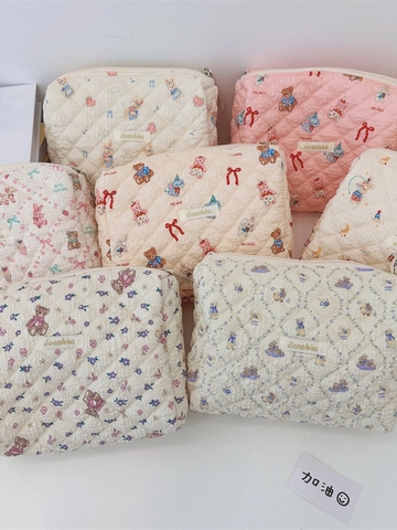 Borsa Per Trucco Trapuntata Grande Capacità Cotone Cartone Animato Orso Coniglio Stampa Floreale Organizzatore Cosmetico Donna