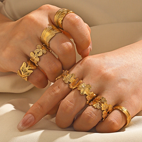 Anelli Aperti In Acciaio Inossidabile Per Donna Placcato Oro 18K Regolabile Foglia Fiore Piuma Bamboo Gioielli Moda Retro