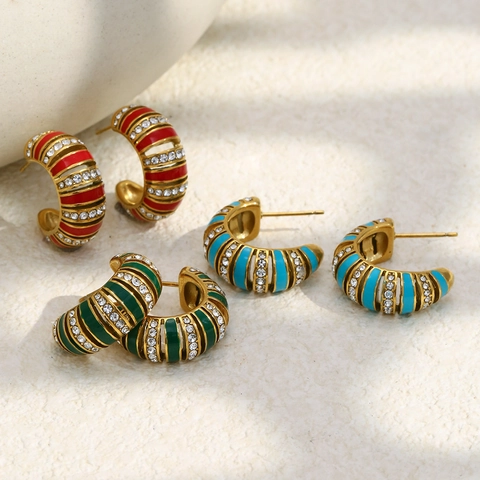 Orecchini A Cerchio In Acciaio Inossidabile Placcato Oro 18K Forma A C Smalto Strass Gioielli Vintage Da Donna