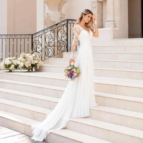 White Lace Long Sleeve Wedding Dress With V-Neck Backless Design And Elegant Long Train Chiffon Bridal Gown For Women