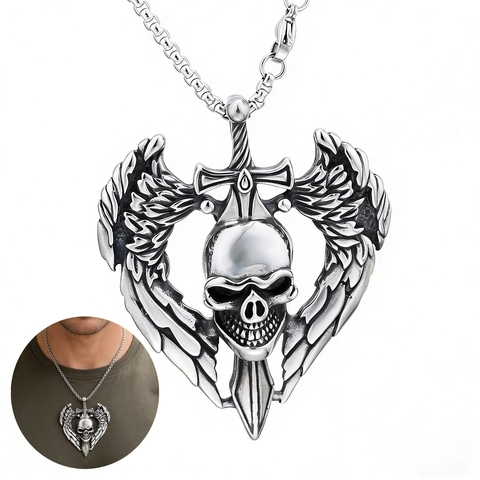 Collana Con Ciondolo Teschio Ala Spada Acciaio Inossidabile Gotico Punk Gioielli Streetwear Per Uomo