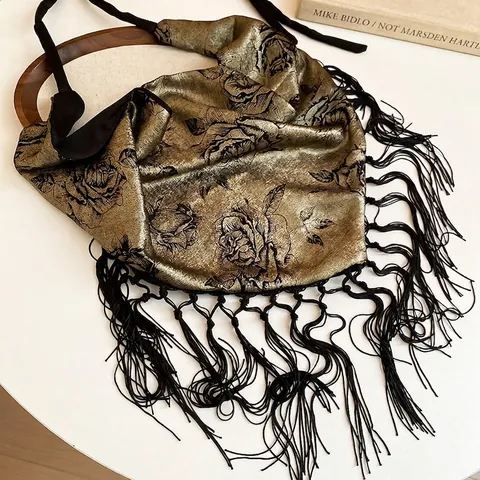 Retro Rose Floral Print Waist Scarf Belt With Long Tassels Metallic Fabric Elegant Corset Tie For Women Bohemian Style