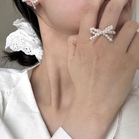 Handmade Bowknot Beaded Ring S925 Sterling Silver Beads Crystal Artificial Pearl Black Agate Sweet Retro Style For Women