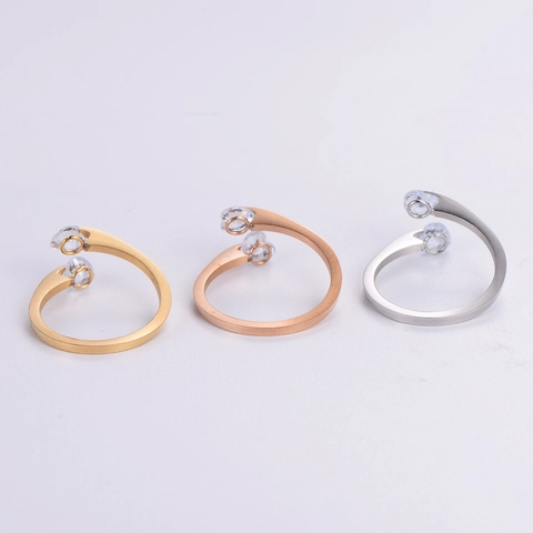 Double Heart Cubic Zirconia Open Ring 316L Stainless Steel Adjustable Minimalist Fashion Jewelry For Women