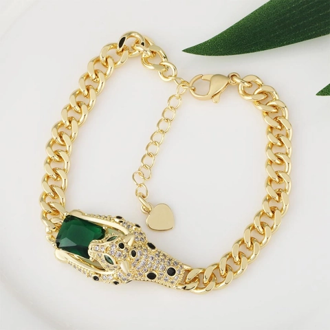 Hip Hop Exaggerated Cuban Chain Leopard Head Bracelet For Men Women Gold Plated Rhinestone Inlaid Animal Panther Bracelet