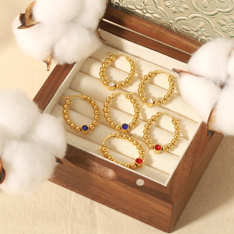 French Vintage Beaded Hoop Earrings For Women Stainless Steel Gold Plated Round Zircon Inlaid Niche Geometric Jewelry
