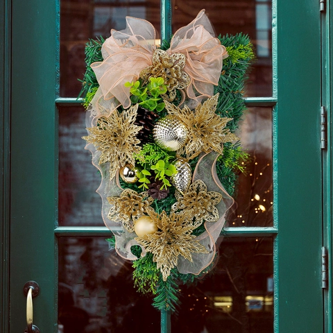 Christmas Teardrop Swag Artificial Pine Plastic Fabric Golden Glitter Flowers Champagne Organza Bow Front Door Hanging Decor