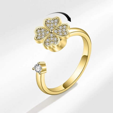 Rotierender Vierblättriger Kleeblatt Ring Zirkon Eingelegt Kupfer Verstellbar Offen Finger Schmuck Elegant Angstlinderung Glück Für Frauen