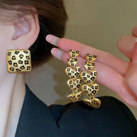 Collana Bracciale Orecchini Cuore Stampa Leopardata Con Perno In Argento Sterling 925 Lega Oro Vintage Lusso Per Donna