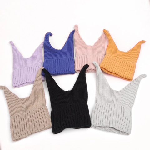 Acrylic Knitted Beanie Hat Cat Ear Devil Horn Design Ribbed Cuff Warm Winter Cap For Women Kids Funny Style