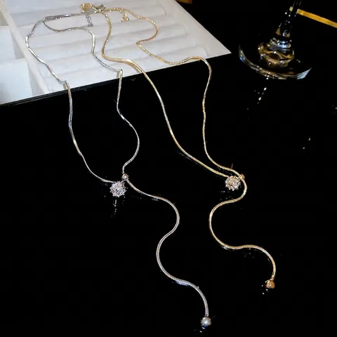 Collier Longue Chaîne De Pull Ajustable En Y Cuivre Zircon Pendentif Géométrique Chaîne Serpent Bijoux Fantaisie