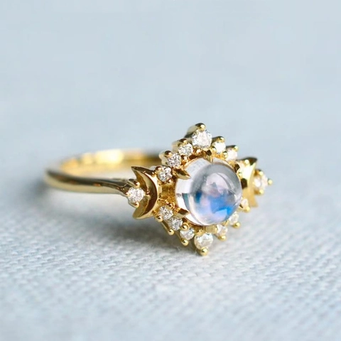 Bague En Cuivre Avec Pierre De Lune Et Zircon Soleil Lune Étoile Vintage Bohème Mystique Style Palais Bijoux Femmes