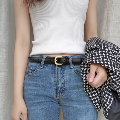 Cinturón de Cuero Artificial Fino Simple y Versátil para Mujer Cinturón de Cintura Elegante de Estilo Coreano con Hebilla de Pasador de Aleación para Jeans Vestidos