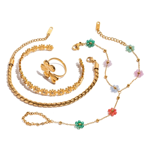 18K Gold Plated Stainless Steel Slave Bracelet Enamel Flower Cherry Colorful Beads Beach Holiday Boho Style Hand Chain For Women