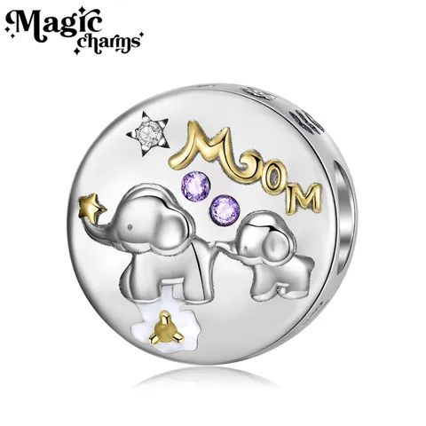 925 Sterling Silber Elefant Charm Perle Mit Mom Schriftzug Lila Zirkonia Für Armband Kette Muttertag Geschenk