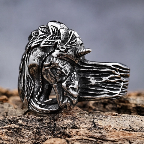 Vintage Einhorn Ring Edelstahl 3D Geschnitzte Tier Relief Punk Gothic Biker Schmuck Für Unisex Männer Frauen Retro Band
