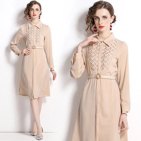 Abito Camicia Midi Elegante A Maniche Lunghe Albicocca Con Dettaglio Intrecciato E Cintura Colletto Risvolto Ufficio