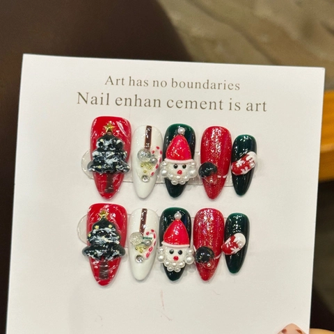 Uñas Postizas 3D de Navidad Hechas a Mano Diseño de Papá Noel Árbol de Navidad Rojo Verde Blanco Forma Almendra Uñas Festivas