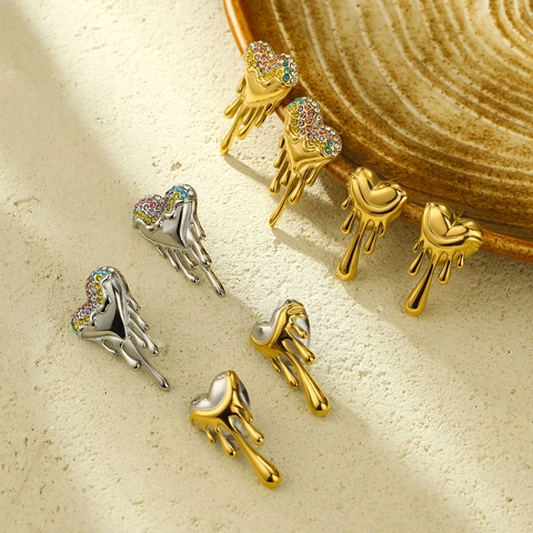 Melting Heart Stud Earrings For Women Stainless Steel 18K Gold Plated With Colorful Zircon Liquid Metal Lava Style