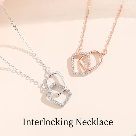 Collar de Pendiente Cuadrado de Plata de Ley S925 para Mujer Entrelazado Circonia Geométrico Doble Anillo Joyería de Lujo