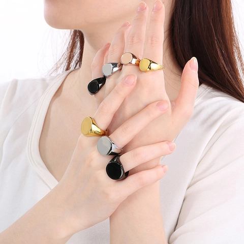 Anello Sigillo Minimalista Acciaio Inossidabile Placcato Oro 18K Quadrato Rotondo Cuore Fascia Geometrica Per Uomo Donna