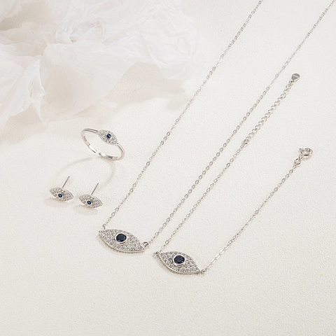 Set Gioielli Malocchio in Argento Sterling 925 Per Donna Pietra Blu Strass Collana Bracciale Anello Aperto Orecchini