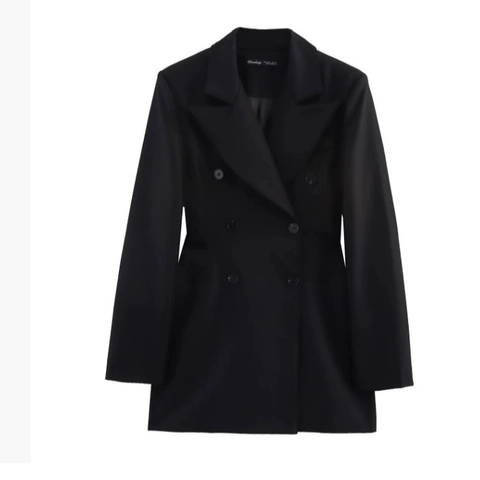 Dames Zwarte Double-Breasted Blazer Jas Schoudervullingen Lange Mouwen Revers Satijn Professioneel Elegant Kantoor